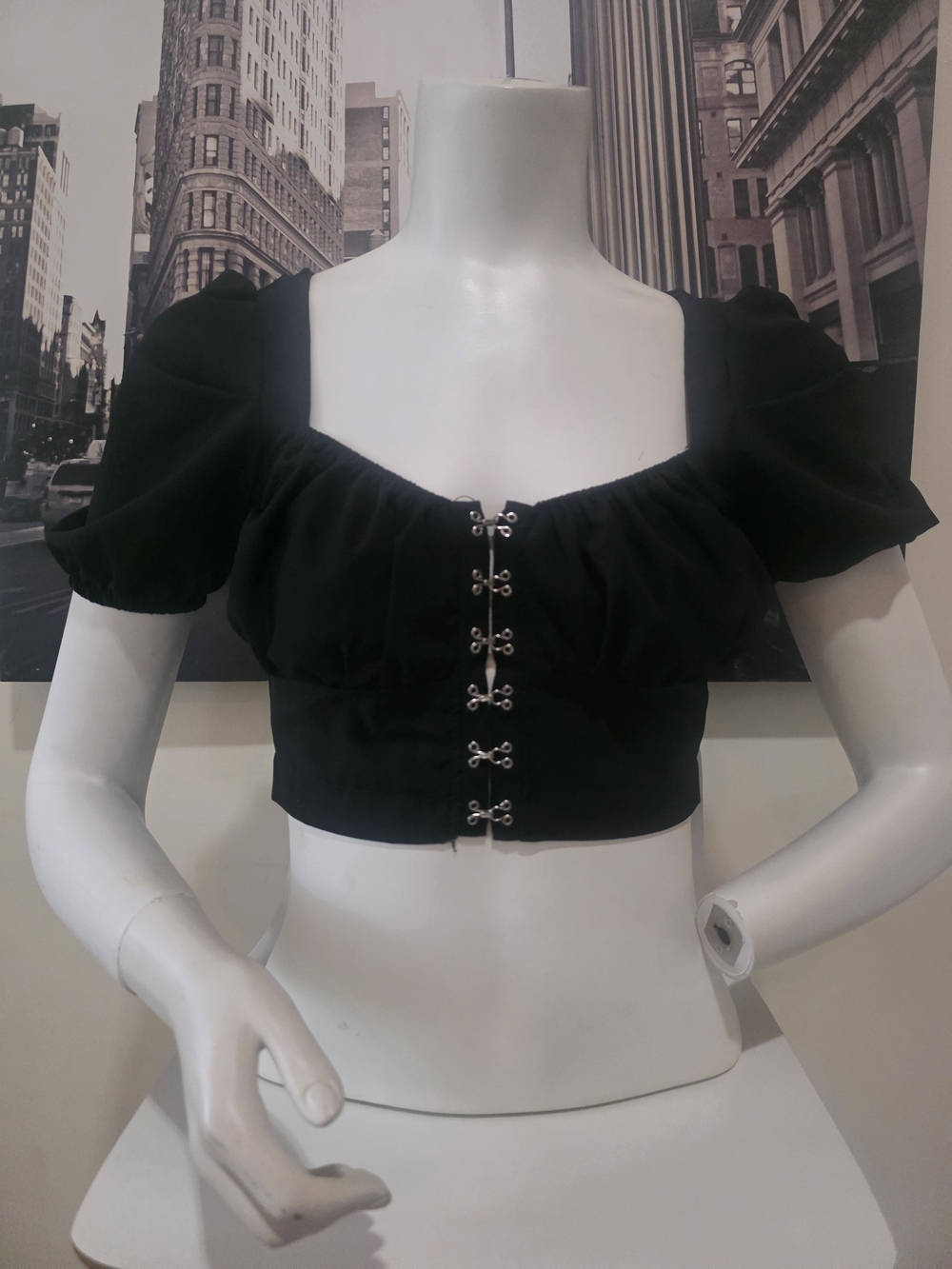 Black Puff Sleeve Crop Top with Front Hook Closure (Size S)